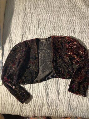 vintage Chicos black floral bolero jacket gold embroidery size 13